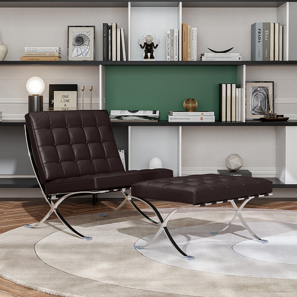 Luxuriance Designs - Barcelona Chair and Ottoman Replica | Genuine Premium Italian Leather - Dark Brown Color - Review