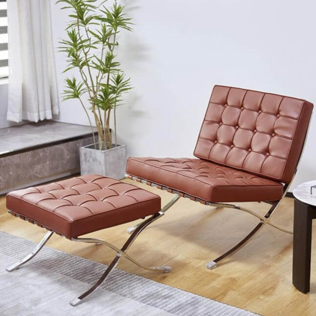 Luxuriance Designs - Barcelona Chair and Ottoman Replica | Genuine Premium Italian Leather - Light Brown Color - Review