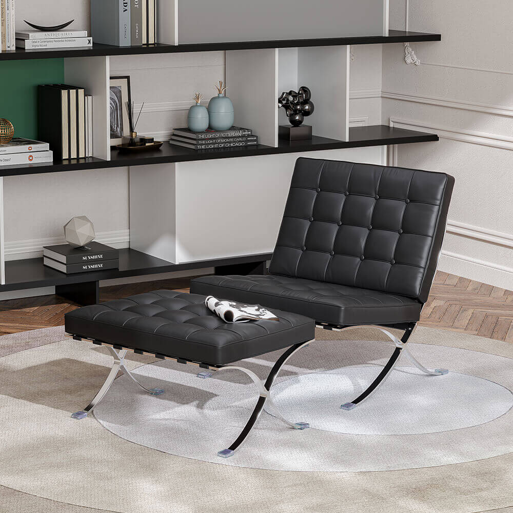 Luxuriance Designs - Barcelona Chair and Ottoman Replica | Genuine Premium Italian Leather - Black Color - Review