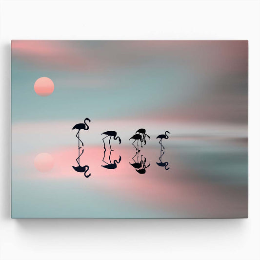 Dreamy Flamingo Flock at Sunset Surreal Photography Wall Art by Luxuriance Designs. Made in USA.