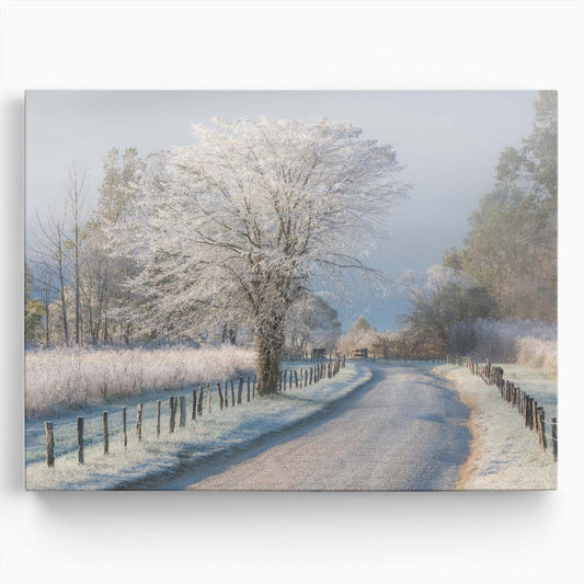 Frosty Winter Sunrise in Cades Cove Snowy Landscape Photography Wall Art by Luxuriance Designs. Made in USA.
