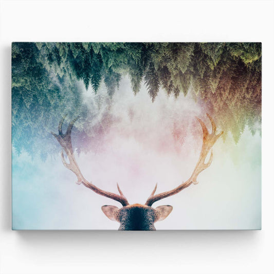 Surreal Pine Forest & Antlered Deer Double Exposure Wall Art by Luxuriance Designs. Made in USA.