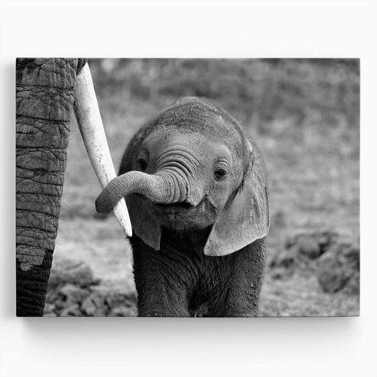 Monochrome Baby Elephant Family Bonding - Wildlife Photography Wall Art by Luxuriance Designs. Made in USA.