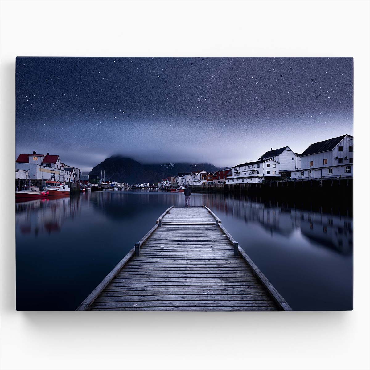 Henningsvaer Norway Coastal Night Sky Harbor Wall Art by Luxuriance Designs. Made in USA.