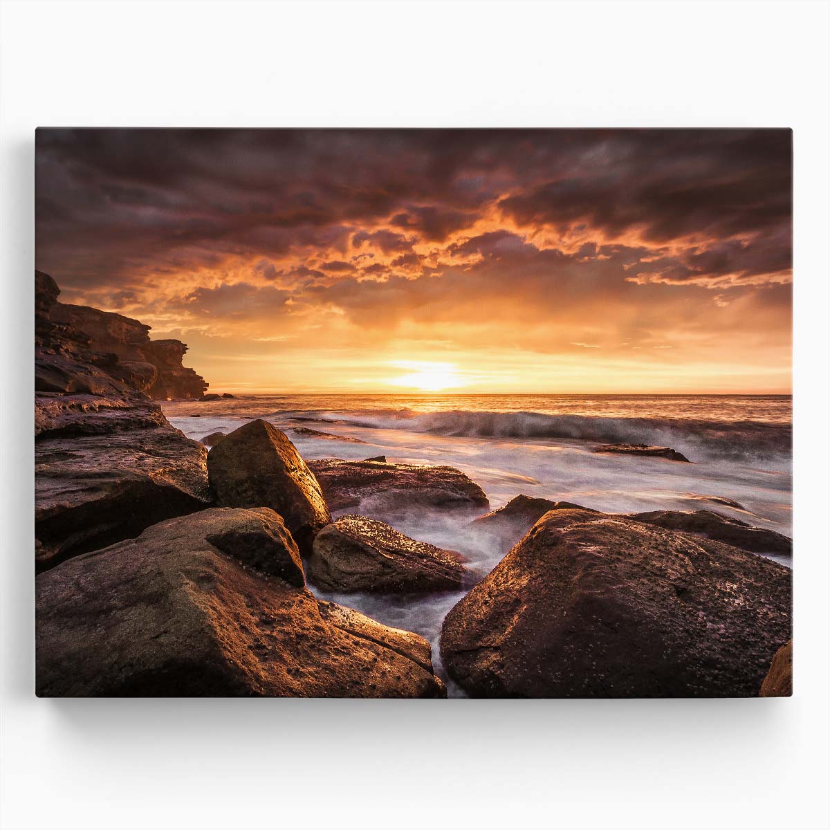 Cape Solander Sunrise Golden Sydney Seascape Photography Wall Art by Luxuriance Designs. Made in USA.