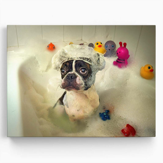 Adorable Dog Enjoying Bath Time with Rubber Ducks Wall Art by Luxuriance Designs. Made in USA.