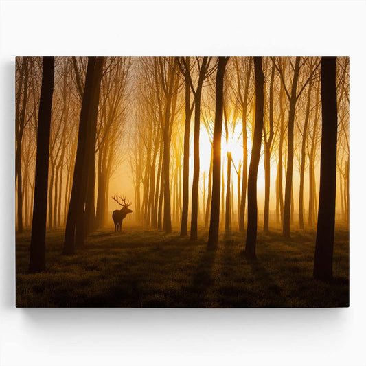 Majestic Deer at Sunrise Foggy Forest Landscape Photography Wall Art by Luxuriance Designs. Made in USA.