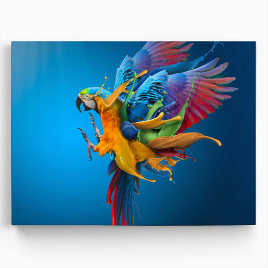 Surreal Colorful Parrot in Flight Dramatic Photographic Art Wall Art by Luxuriance Designs. Made in USA.
