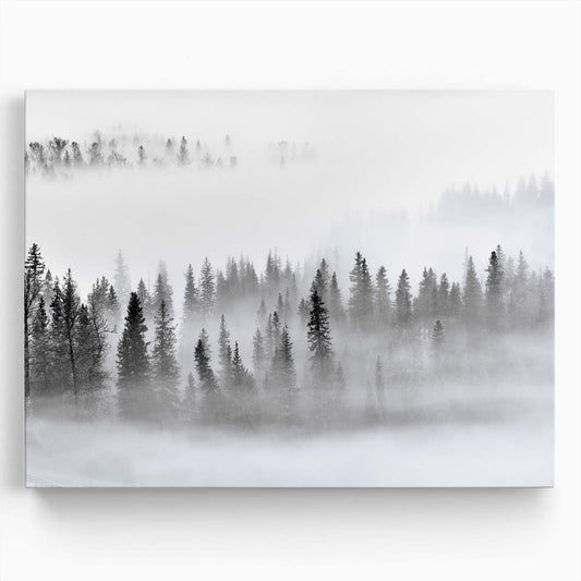 Dreamy Foggy Pine Forest Panorama in Monochrome Wall Art by Luxuriance Designs. Made in USA.