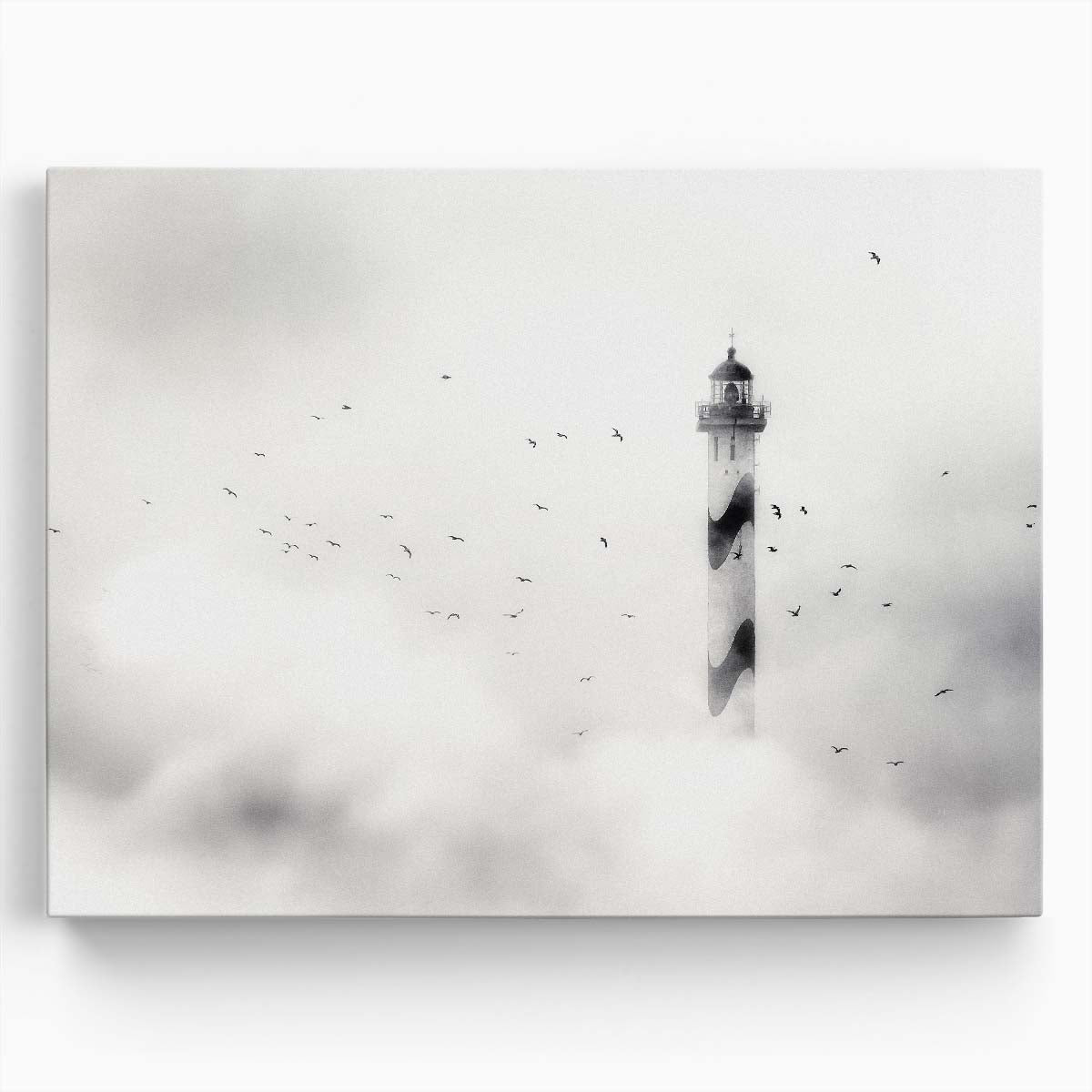 Foggy Ostend Lighthouse & Birds Monochrome Seascape Wall Art by Luxuriance Designs. Made in USA.