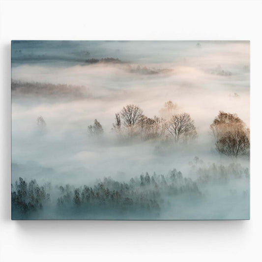 Dreamy Winter Sunrise Forest Mist Landscape Photography Wall Art by Luxuriance Designs. Made in USA.