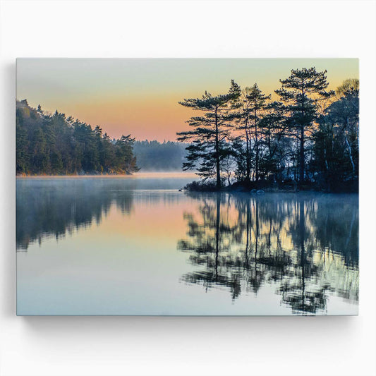 Serene Swedish Forest Lake Sunrise Tranquil Photography Wall Art by Luxuriance Designs. Made in USA.