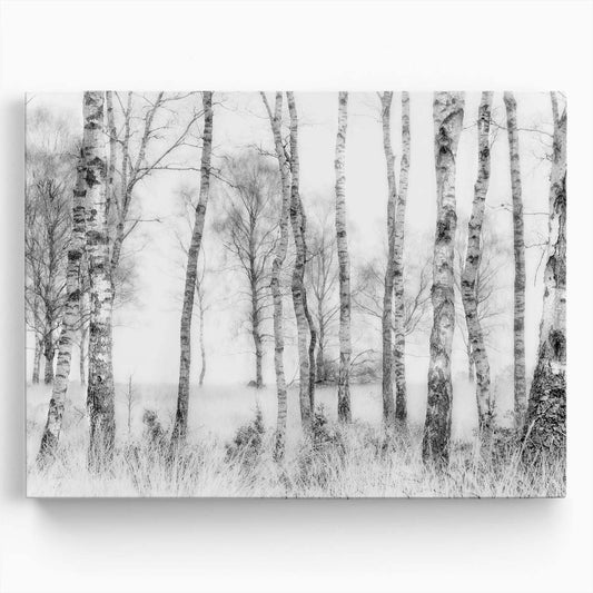 Misty Birch Forest Landscape Black & White Photography Wall Art by Luxuriance Designs. Made in USA.