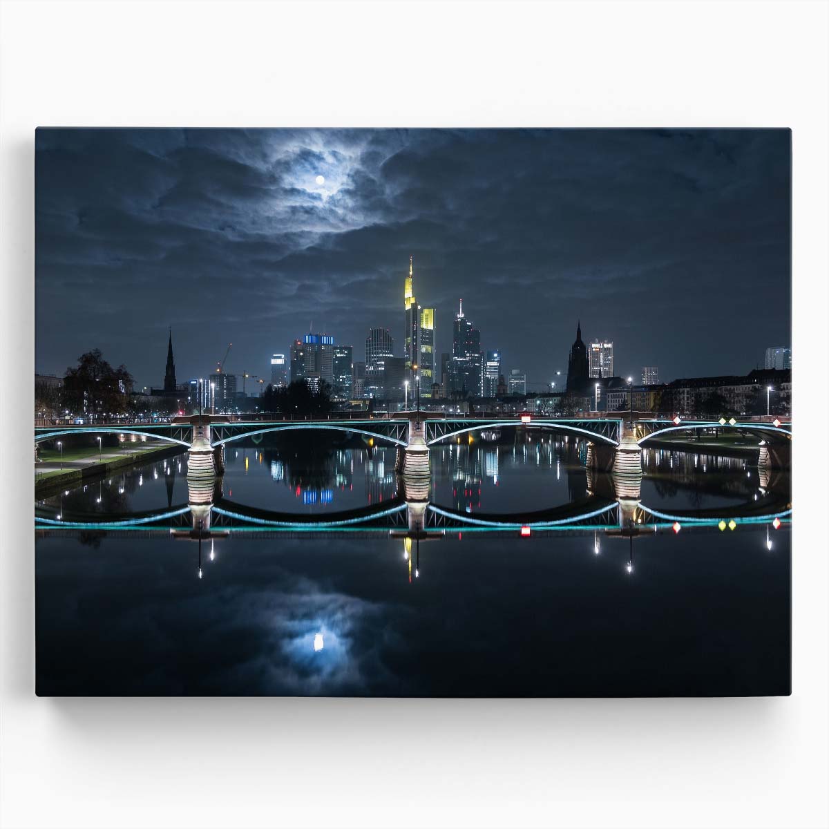 Frankfurt Skyline & Moonlit Reflections Wall Art by Luxuriance Designs. Made in USA.