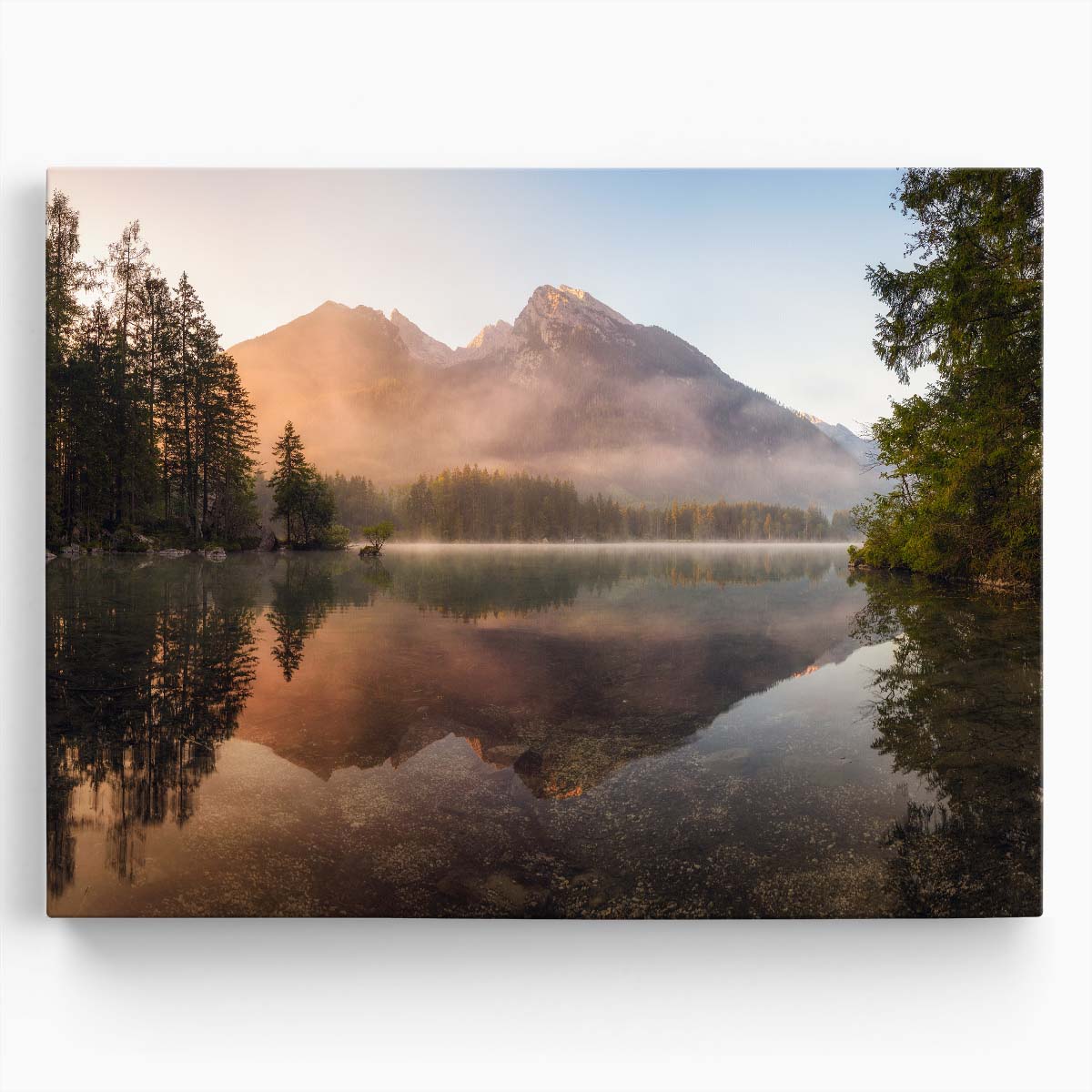 Glowing Mist Mountain Sunrise Serene Landscape Photography Wall Art by Luxuriance Designs. Made in USA.