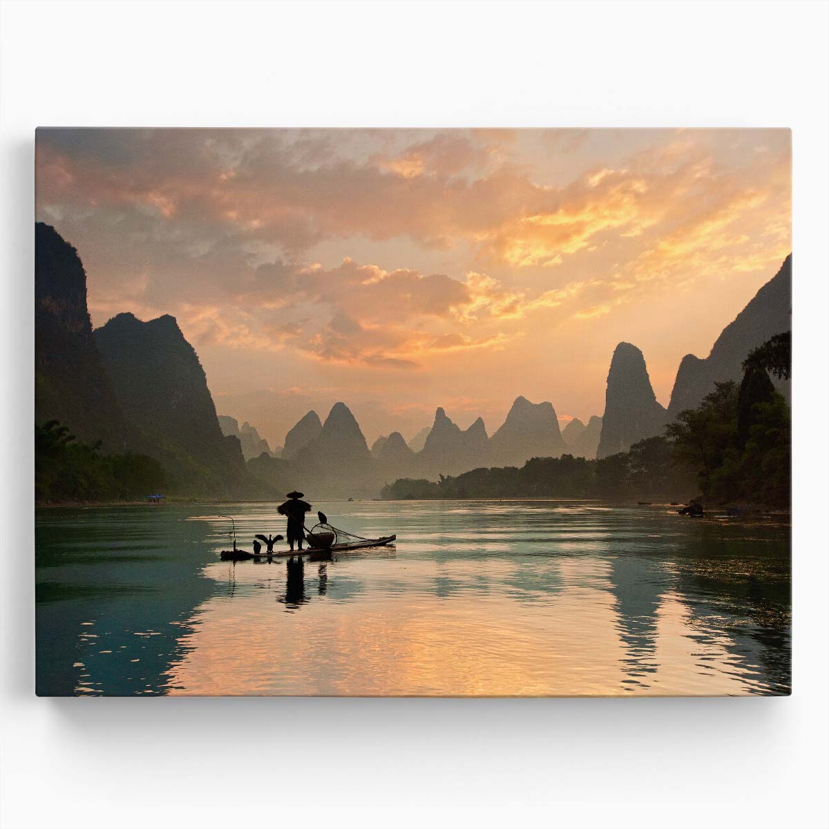 Golden Sunrise Li River Fishing Landscape Photography Wall Art by Luxuriance Designs. Made in USA.
