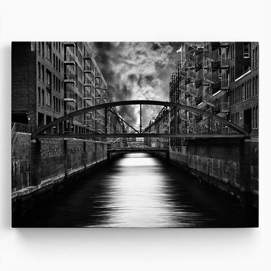 Hamburg Canal Bridge Monochrome Cityscape Photography Wall Art by Luxuriance Designs. Made in USA.