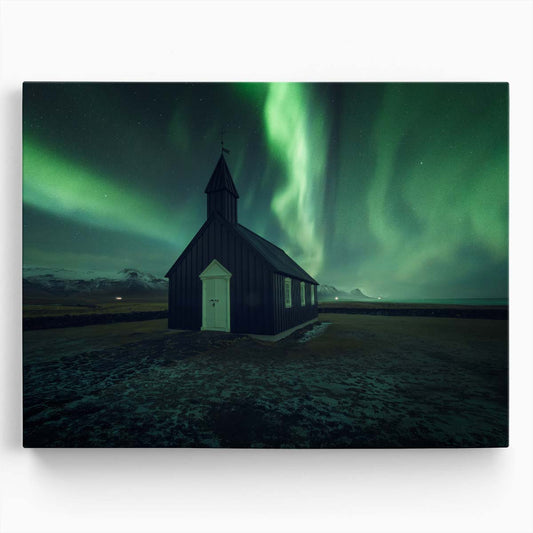 Icelandic Aurora Borealis Church Landscape Wall Art by Luxuriance Designs. Made in USA.
