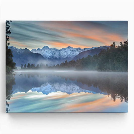 Serene Lake Matheson Reflection Sunrise Wall Art by Luxuriance Designs. Made in USA.