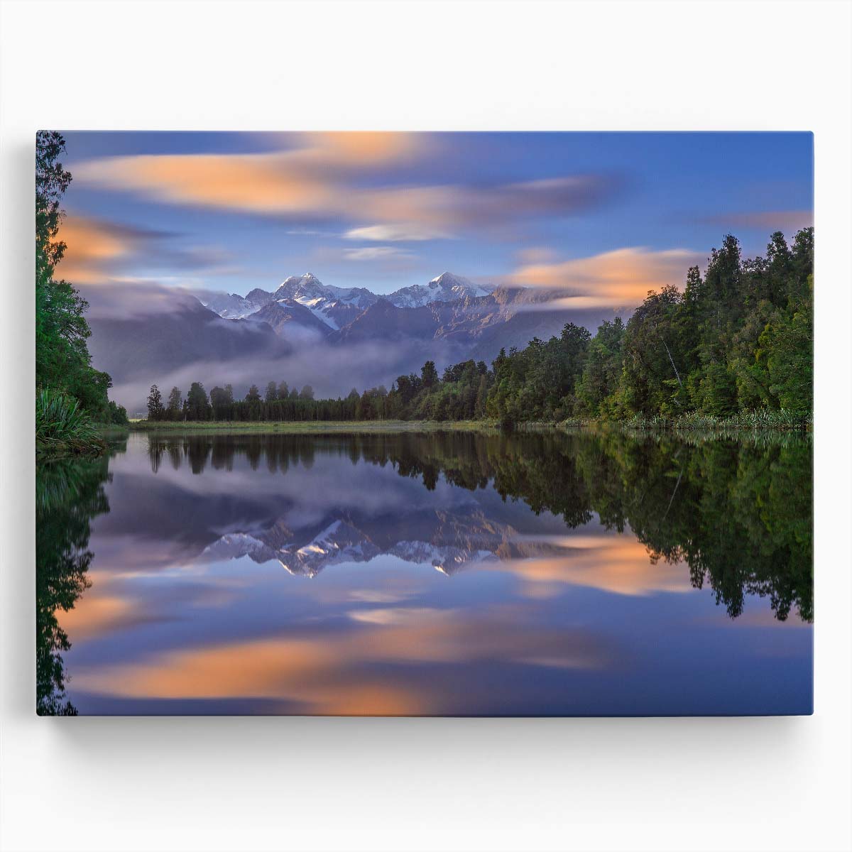 Sunrise at Lake Matheson Snowy Peaks Reflection Wall Art by Luxuriance Designs. Made in USA.