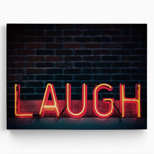 Red Laugh Typography Neon Sign Brick Wall Art by Luxuriance Designs. Made in USA.