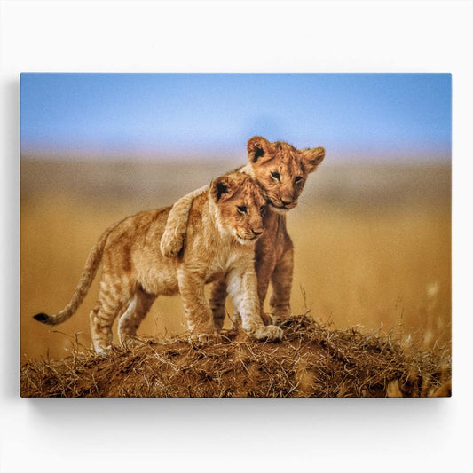 Lion Cubs Embrace Tender Wildlife Brothers Photography Wall Art by Luxuriance Designs. Made in USA.