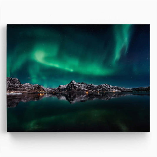 Lofoten Northern Lights Over Snowy Mountains Seascape Wall Art by Luxuriance Designs. Made in USA.