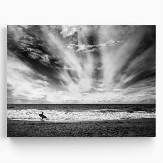 Solitary Surfer Carrying Board, Tarifa Beach Monochrome Wall Art by Luxuriance Designs. Made in USA.