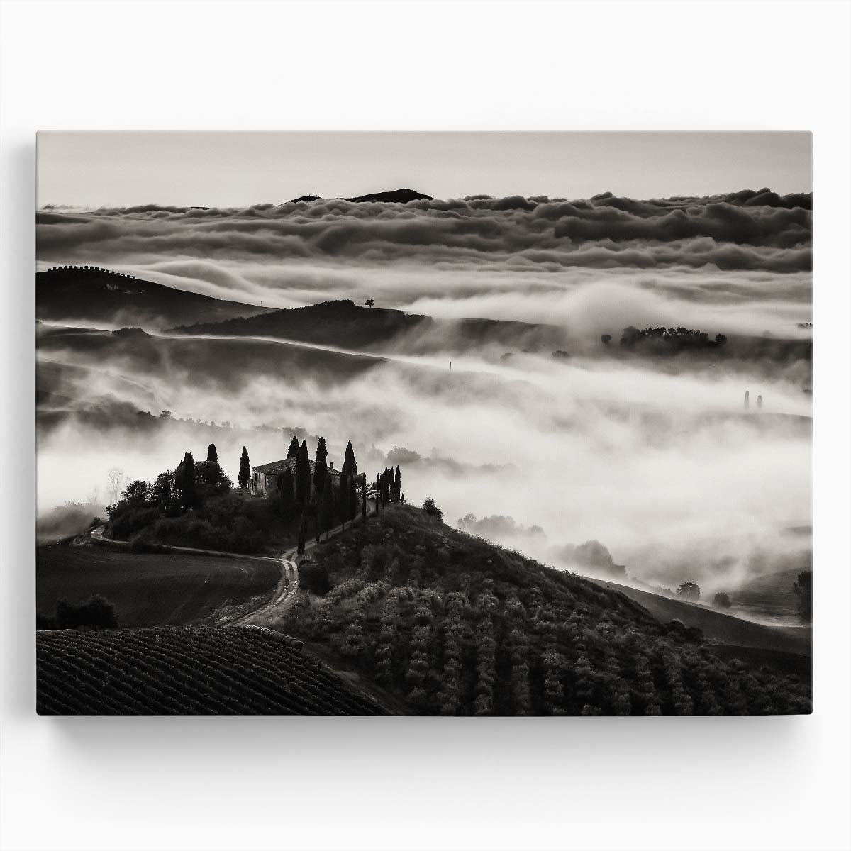 Dreamy Tuscany Morning Fog Landscape Wall Art by Luxuriance Designs. Made in USA.