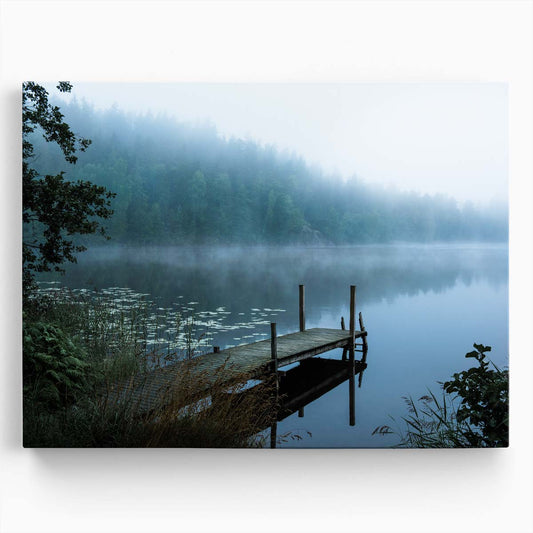 Serene Swedish Lake at Foggy Dawn Photography Wall Art by Luxuriance Designs. Made in USA.