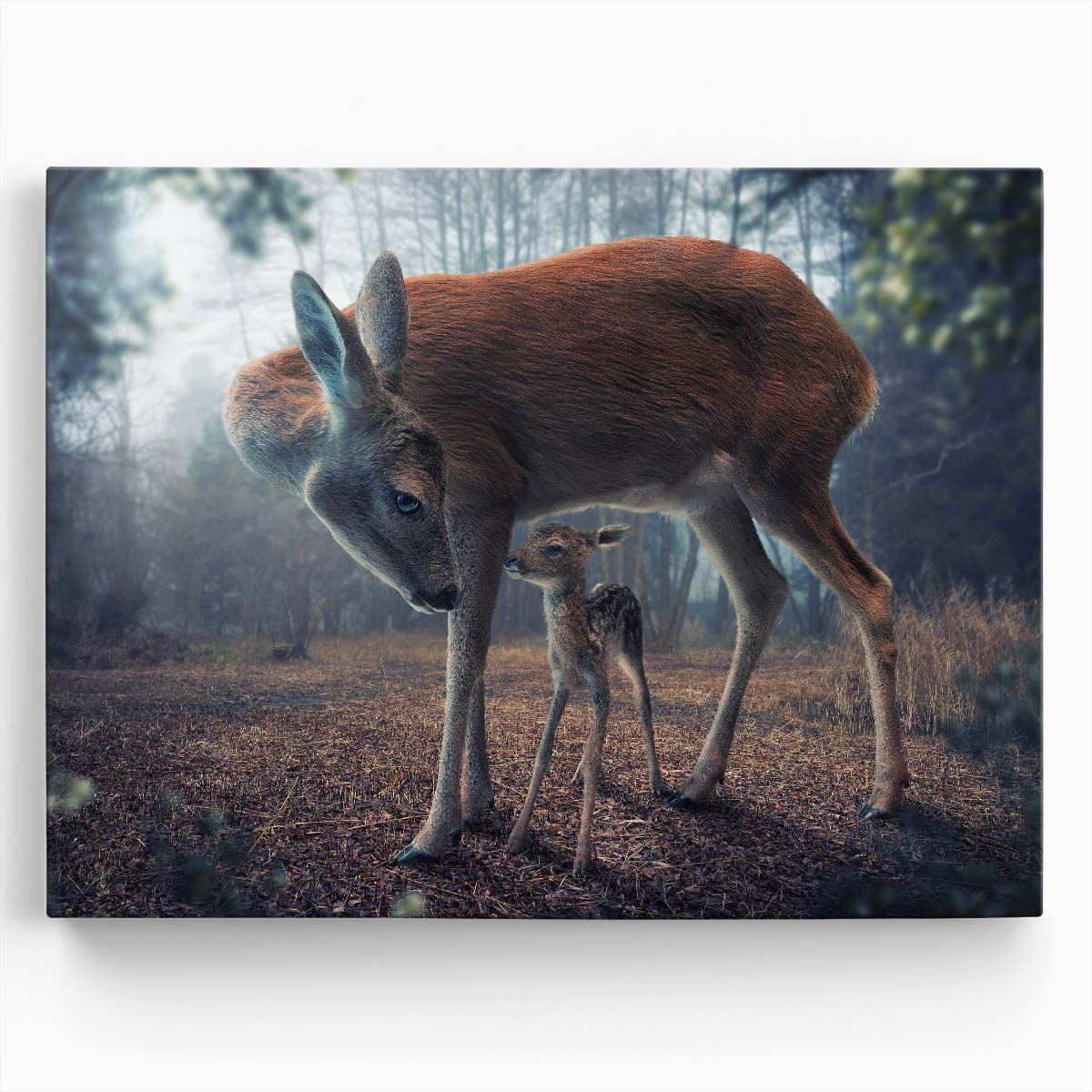 Surreal MotherBaby Deer Fantasy Forest Wall Art by Luxuriance Designs. Made in USA.