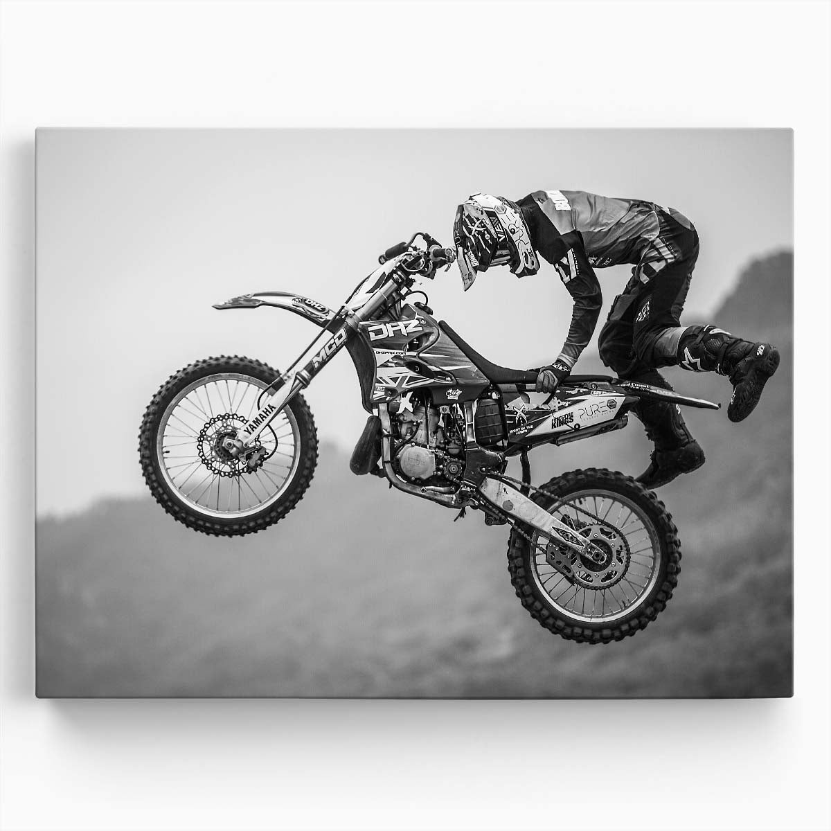 Motocross Stunt Leap Black and White Photography - Action Art Wall Art by Luxuriance Designs. Made in USA.