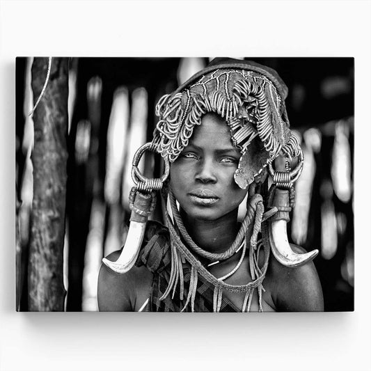 Mursi Tribal Woman Portrait, Ethiopia Monochrome Wall Art by Luxuriance Designs. Made in USA.