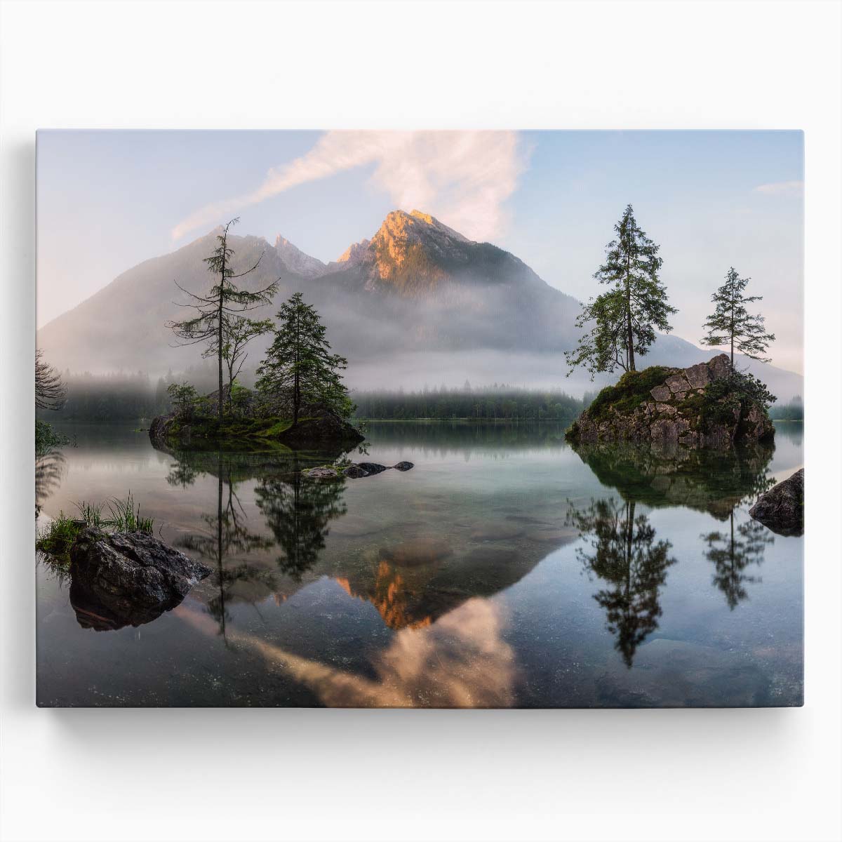 Serene Sunrise Landscape Misty Mountain Reflection Art Wall Art by Luxuriance Designs. Made in USA.