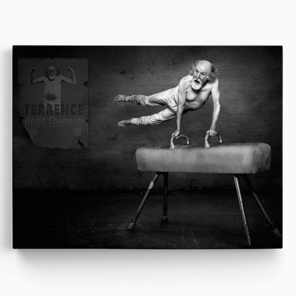 Speedy Senior Gymnast Humorous Monochrome Wall Art by Luxuriance Designs. Made in USA.