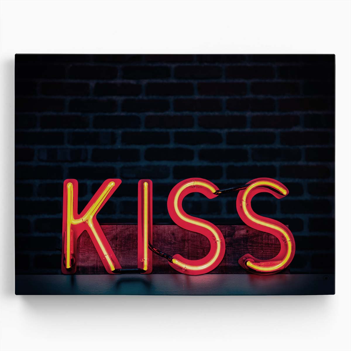Red Neon Kiss Sign Romantic Love Typography Art Wall Art by Luxuriance Designs. Made in USA.