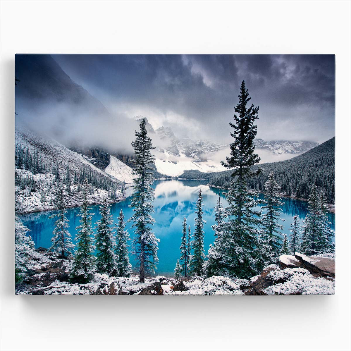 Moraine Lake Winter Wonderland Alpine Forest Photography Wall Art by Luxuriance Designs. Made in USA.