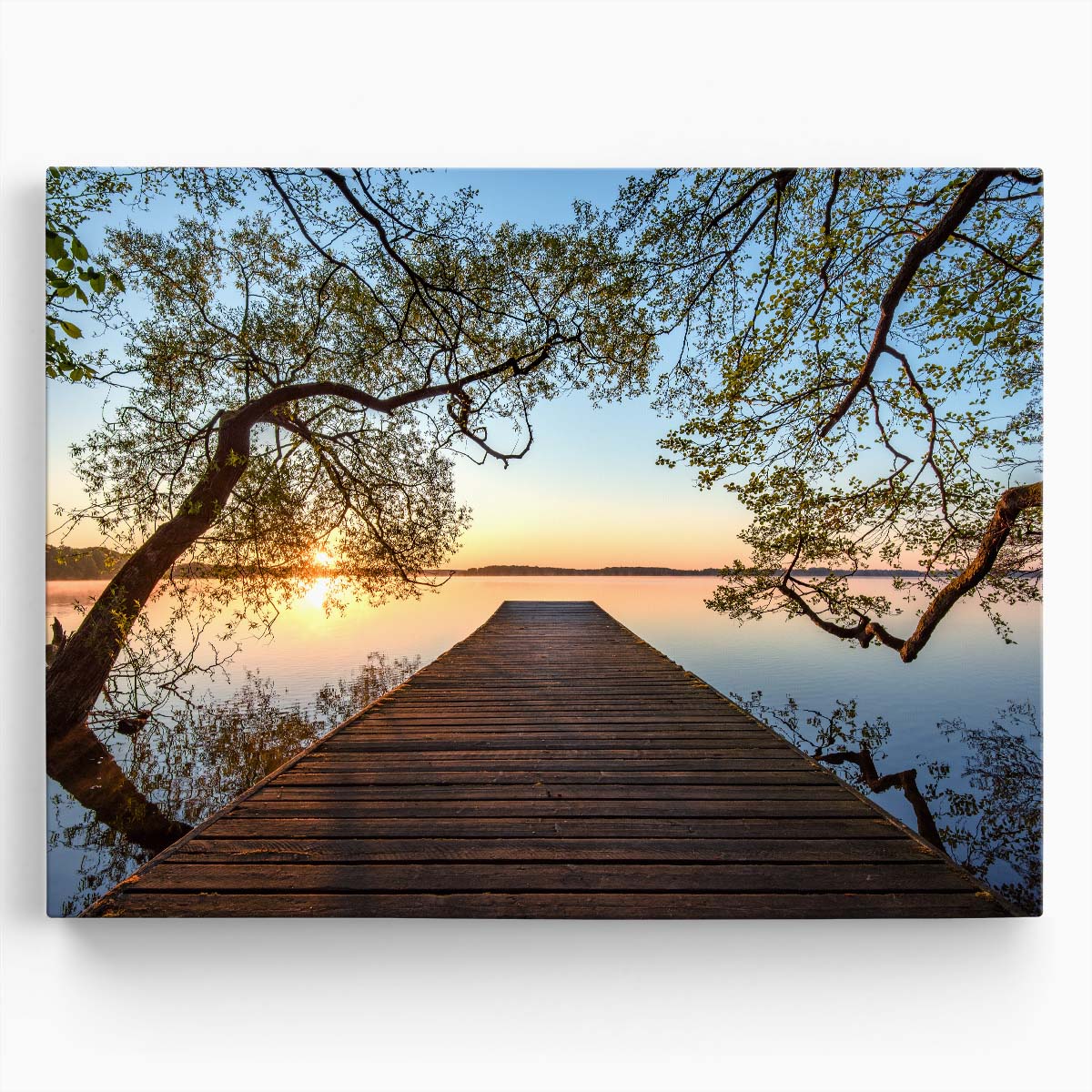 Serene Sunrise Lake Dock Zen Landscape Photography Wall Art by Luxuriance Designs. Made in USA.