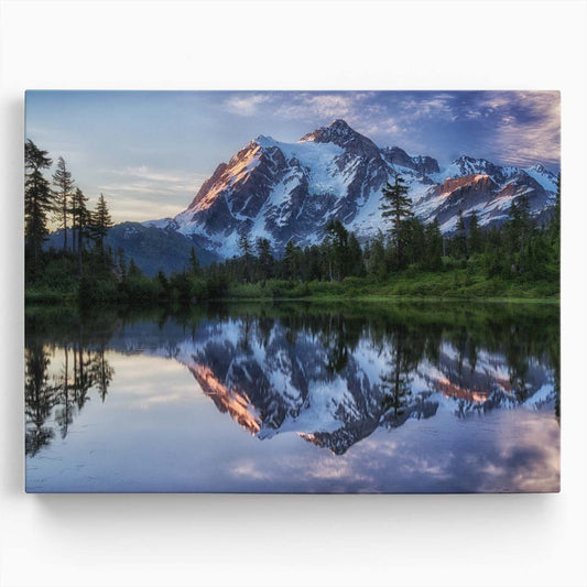 Sunrise Over Snowy Mount Shuksan Reflection Wall Art by Luxuriance Designs. Made in USA.