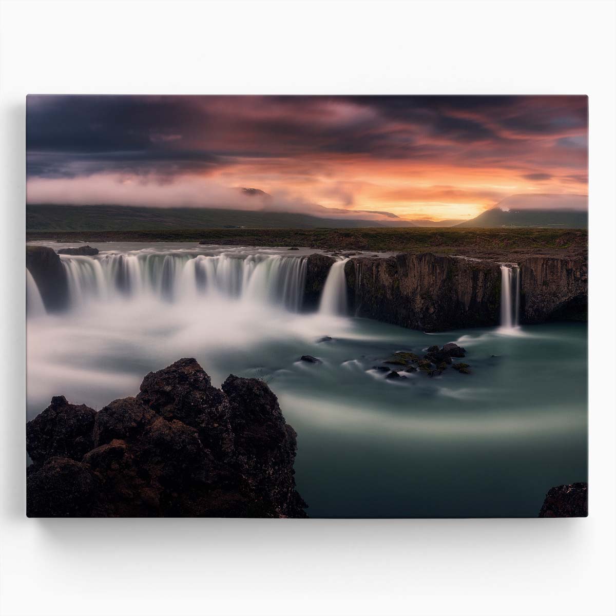 Icelandic Godafoss Waterfall Sunset Panorama - Majestic Landscape Photography Wall Art by Luxuriance Designs. Made in USA.