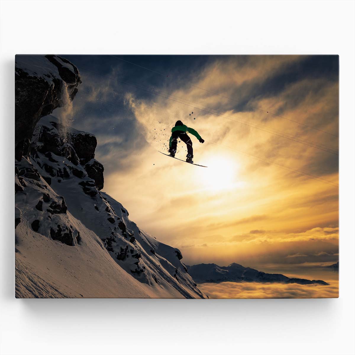 Sunset Snowboarding Adventure Extreme Winter Sports Photography Wall Art by Luxuriance Designs. Made in USA.