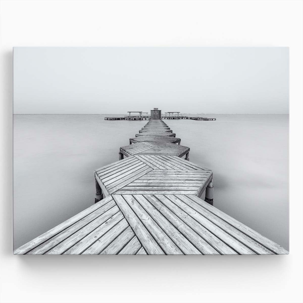 Serene Long Exposure Black and White Pier Photography Wall Art by Luxuriance Designs. Made in USA.