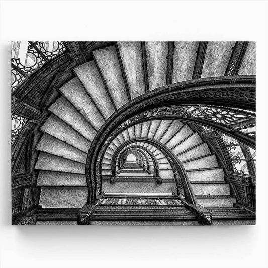 Vintage Chicago Rookery Spiral Stairs Black and White Photography Wall Art by Luxuriance Designs. Made in USA.