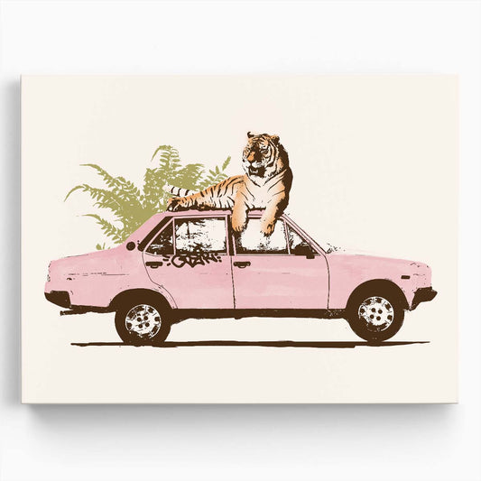Tiger on Car Illustration Bright, Leafy Automobile Art Wall Art by Luxuriance Designs. Made in USA.