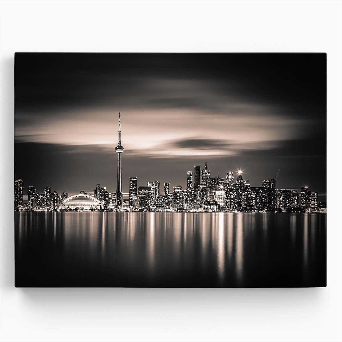 Toronto Skyline Sepia-Toned Night Photography Print Wall Art by Luxuriance Designs. Made in USA.