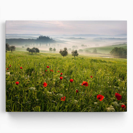 Tuscan Spring Sunrise Poppy Fields & Cypress Landscape Wall Art by Luxuriance Designs. Made in USA.