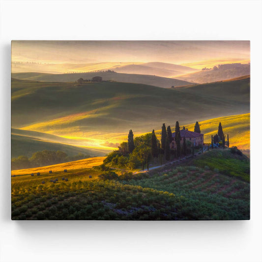 Tuscany Sunrise Over Podere Belvedere Landscape Wall Art by Luxuriance Designs. Made in USA.