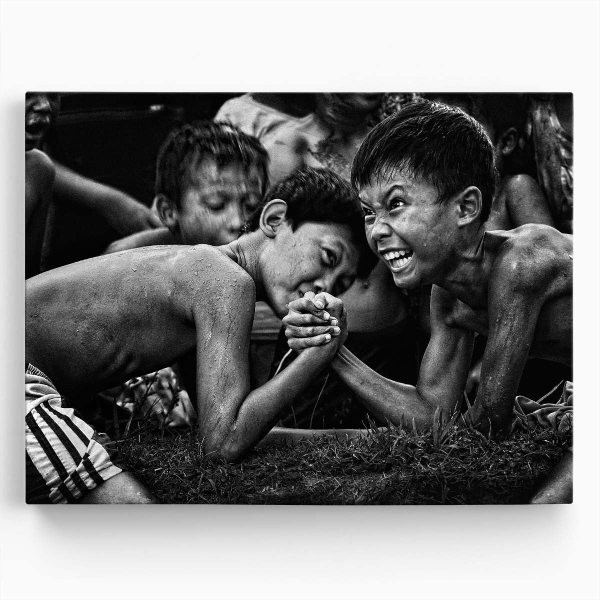 Monochrome Kids Arm Wrestling Strength Contest Wall Art by Luxuriance Designs. Made in USA.