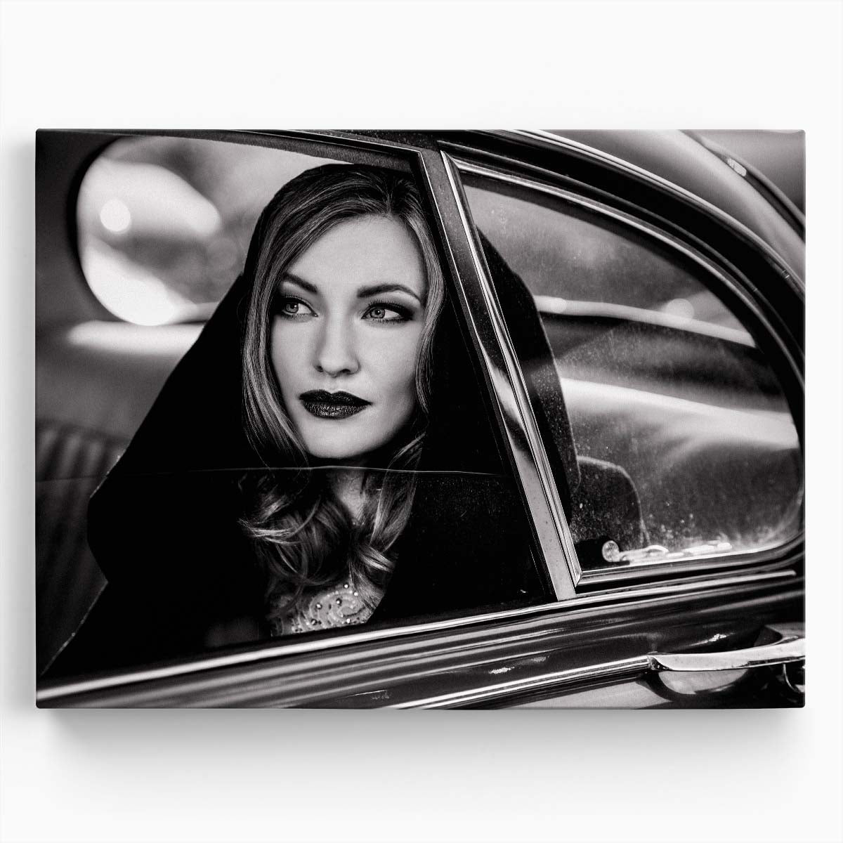 Vintage Woman in Classic Car Monochrome Portrait Photography Wall Art by Luxuriance Designs. Made in USA.