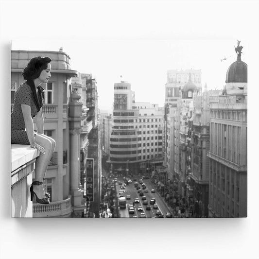 Vintage Madrid Rooftop View Woman in Monochrome Wall Art by Luxuriance Designs. Made in USA.